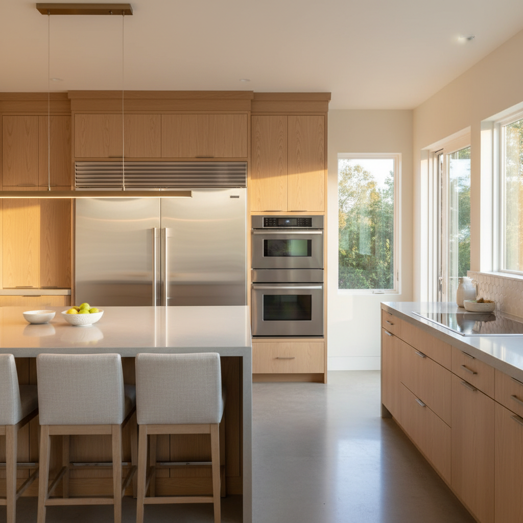 Bright upscale kitchen with integrated Viking appliances